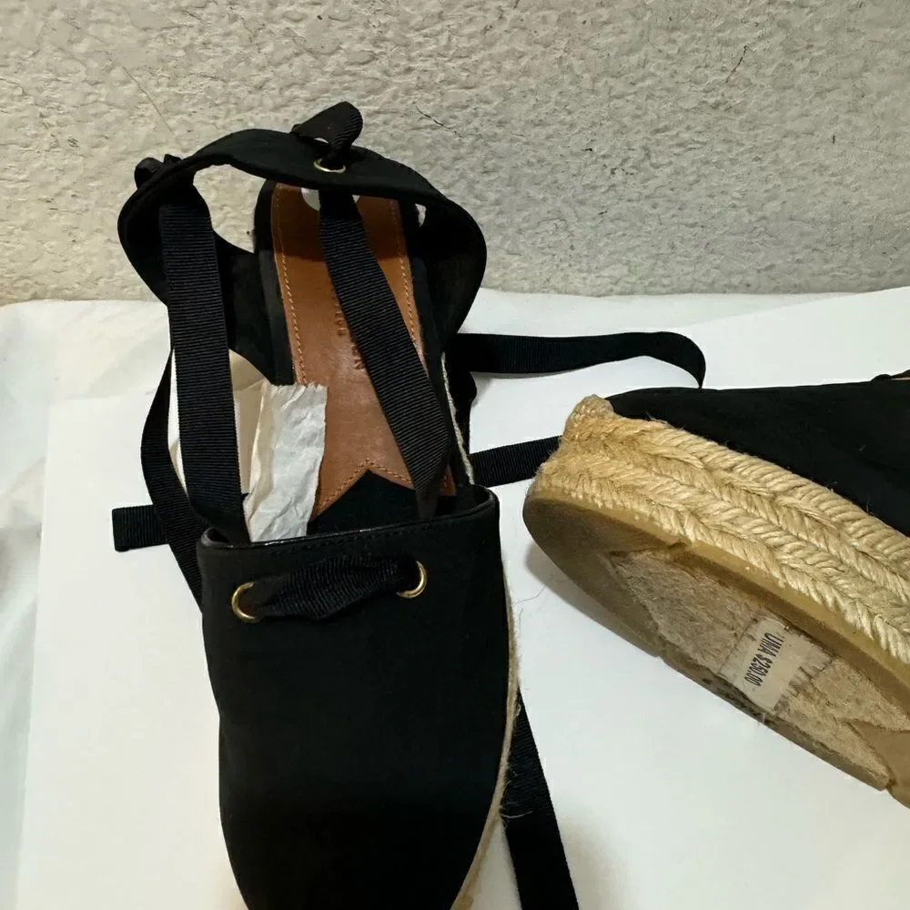 Ralph Lauren Black Uma Espadrille Wedge Ankle Wrap Platform Sandals Size 37
